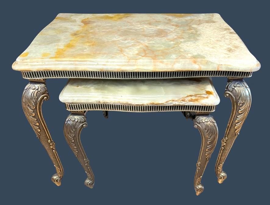 Vintage Italian Onyx Marble Nest Of 2 Tables Cast Metal Gilt Side Lamp Tables