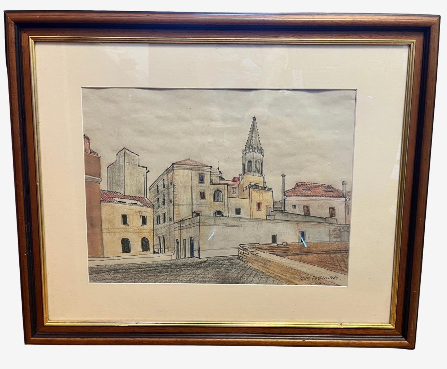 Vintage Rip Fleming Signed Architectural Drawing Framed Artwork 71x58cm