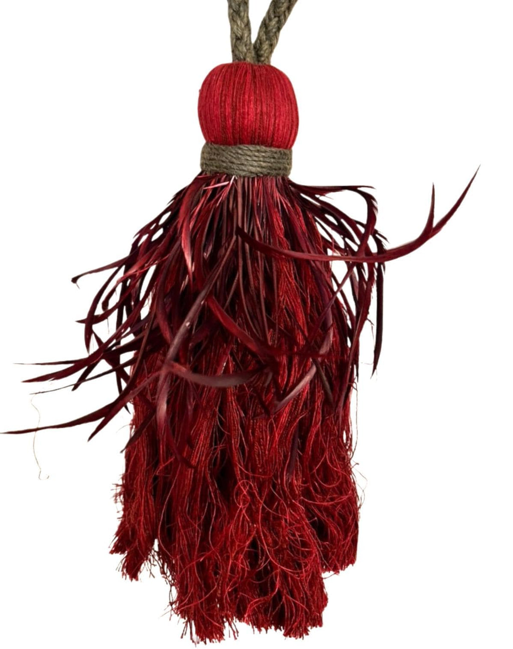 Vintage Feather Curtain Tie Backs Pair Burgundy Red Tassel Rope Tiebacks Regency