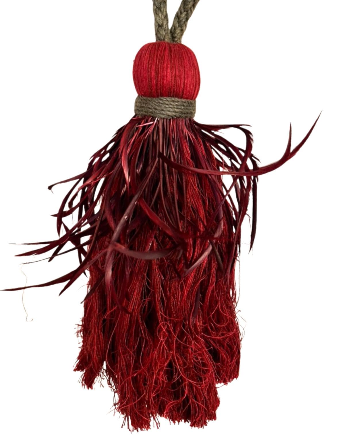 Vintage Feather Curtain Tie Backs Pair Burgundy Red Tassel Rope Tiebacks Regency