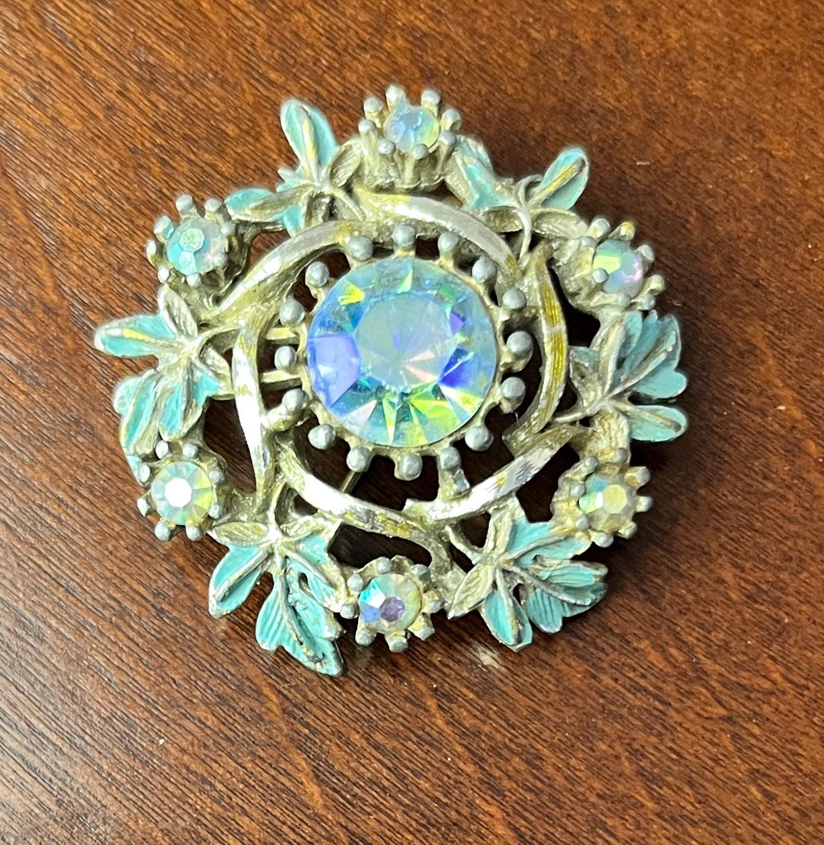 Vintage Aurora Borealis Rhinestone Floral Wreath Brooch Pin Blue Enamel Gold Tone