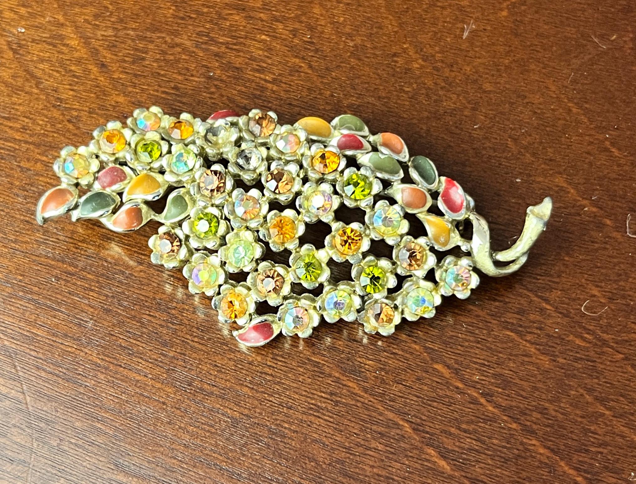 Vintage Floral Brooch: Aurora Borealis Rhinestones, Pastel Enamel Leaves, Gold Tone Bouquet Pin