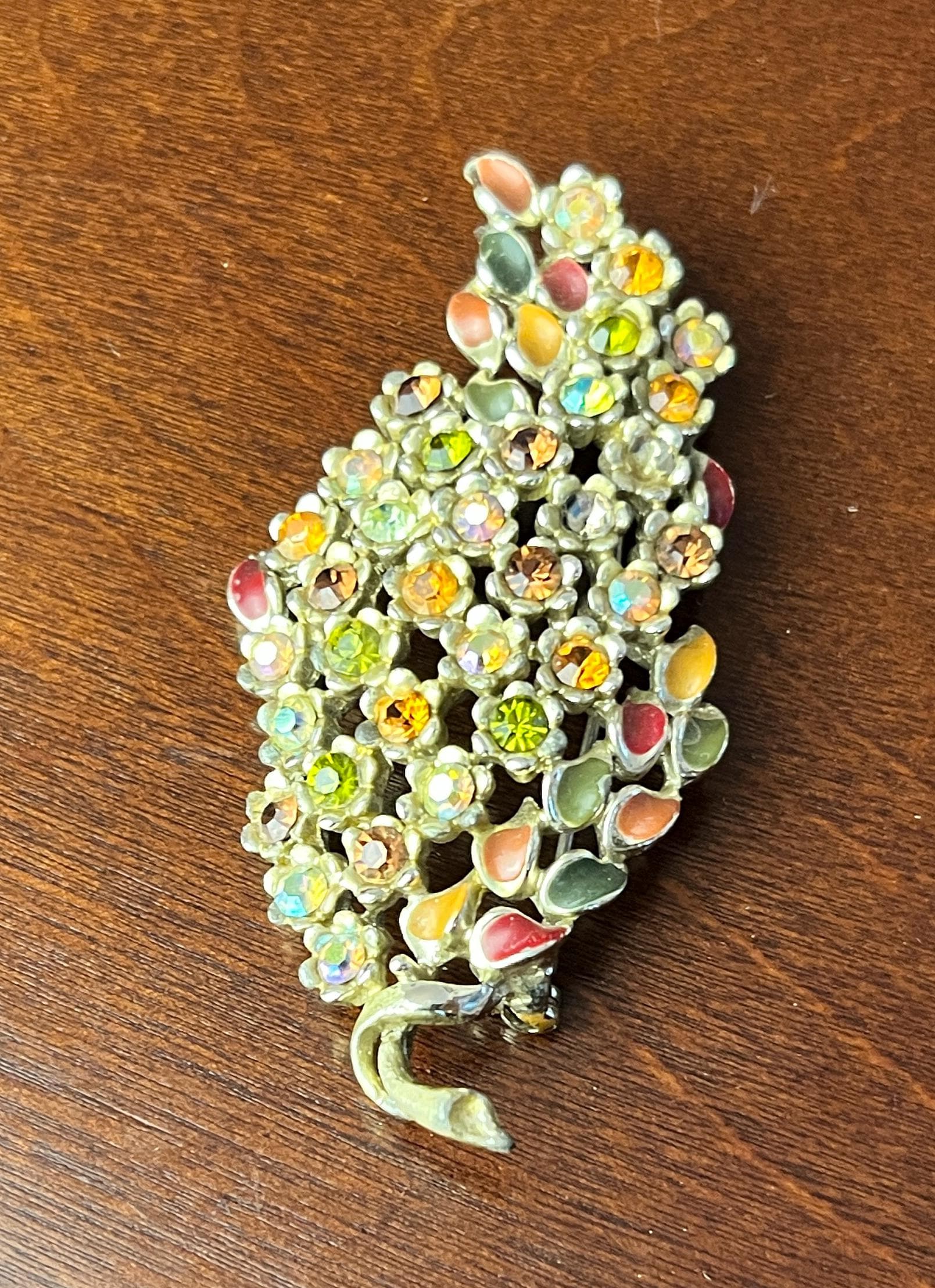 Vintage Floral Brooch: Aurora Borealis Rhinestones, Pastel Enamel Leaves, Gold Tone Bouquet Pin