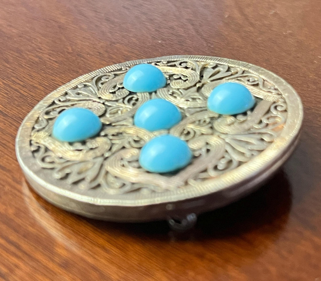 Vintage Turquoise Blue Cabochon Filigree Brooch Silver Tone Round Statement Pin Retro Costume Jewellery