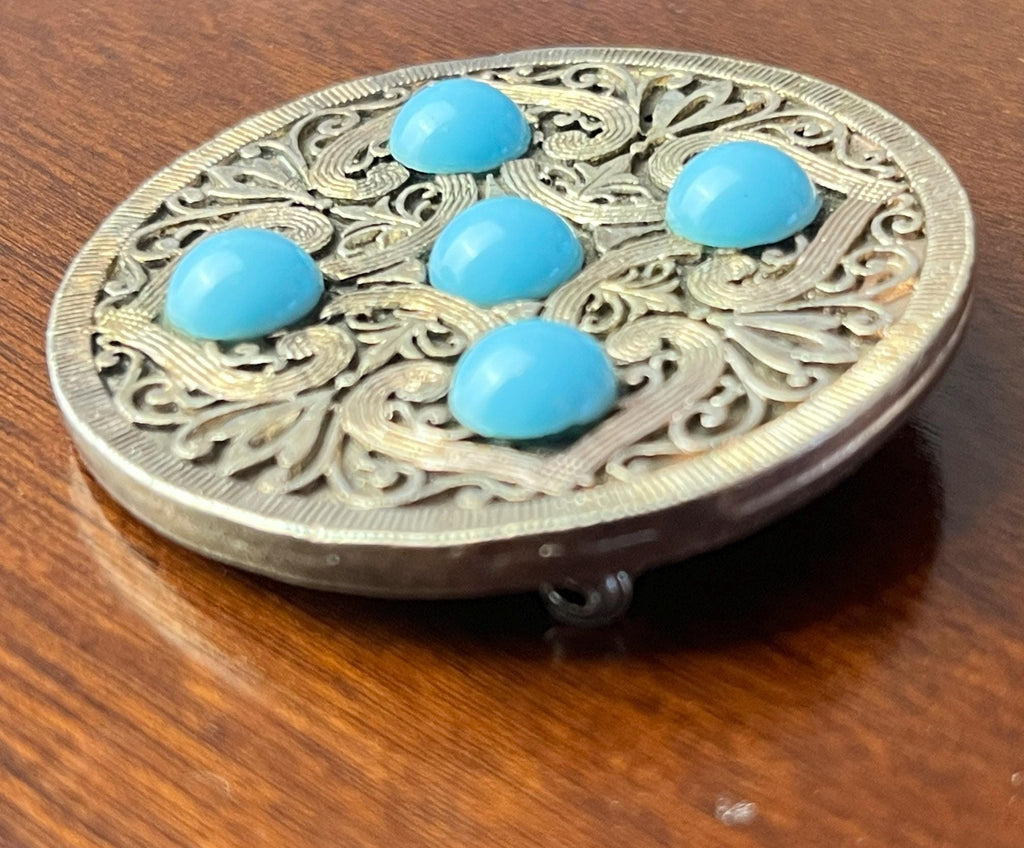 Vintage Turquoise Blue Cabochon Filigree Brooch Silver Tone Round Statement Pin Retro Costume Jewellery