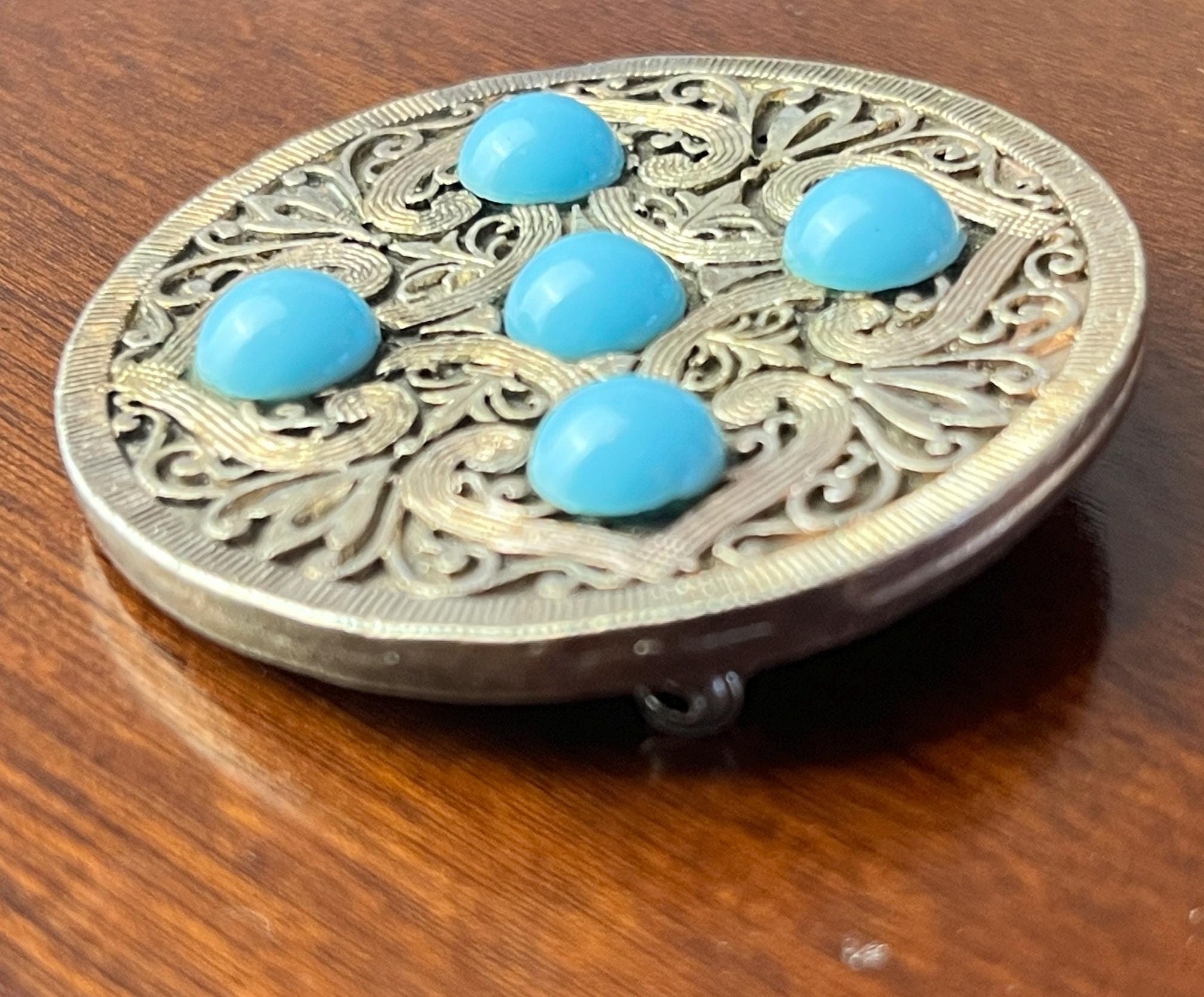 Vintage Turquoise Blue Cabochon Filigree Brooch Silver Tone Round Statement Pin Retro Costume Jewellery