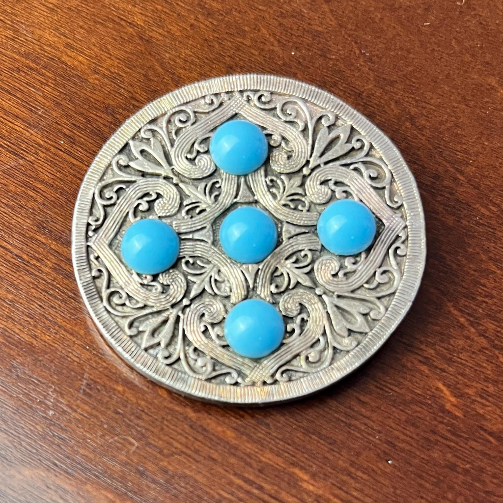 Vintage Turquoise Blue Cabochon Filigree Brooch Silver Tone Round Statement Pin Retro Costume Jewellery