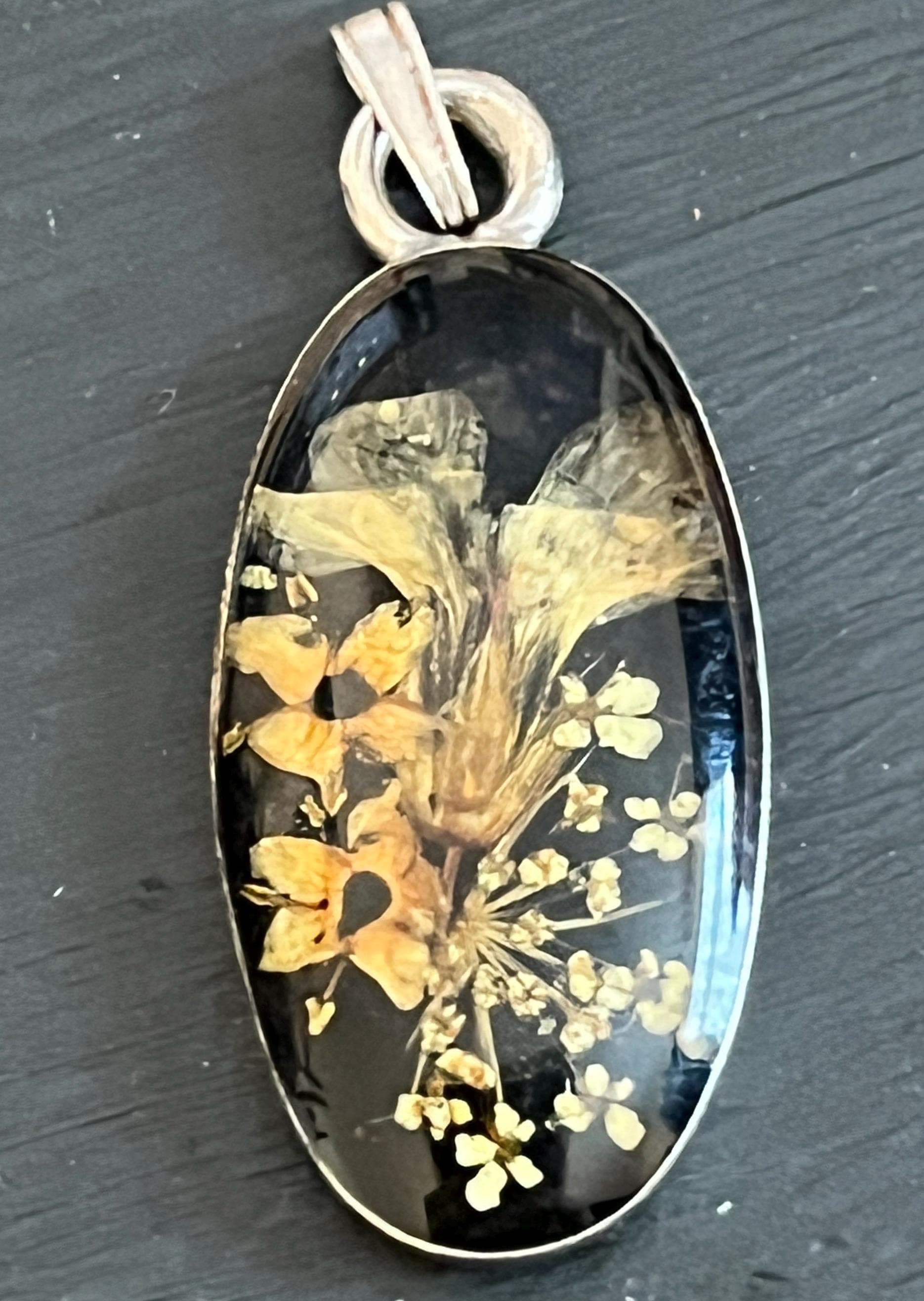 Real Dried Flower Resin Pendant Necklace Charm, Botanical Floral Jewellery, Oval Black Background Pendant