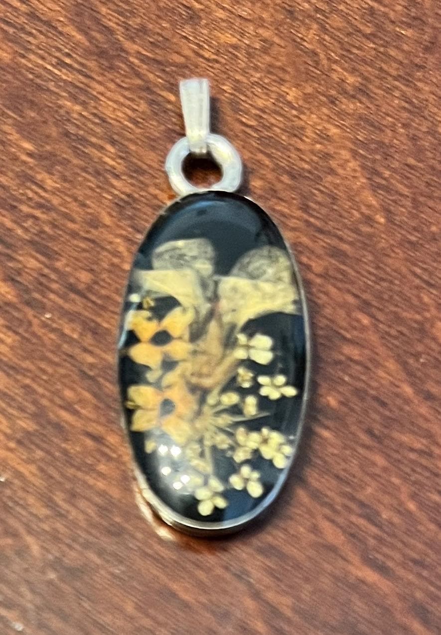Real Dried Flower Resin Pendant Necklace Charm, Botanical Floral Jewellery, Oval Black Background Pendant