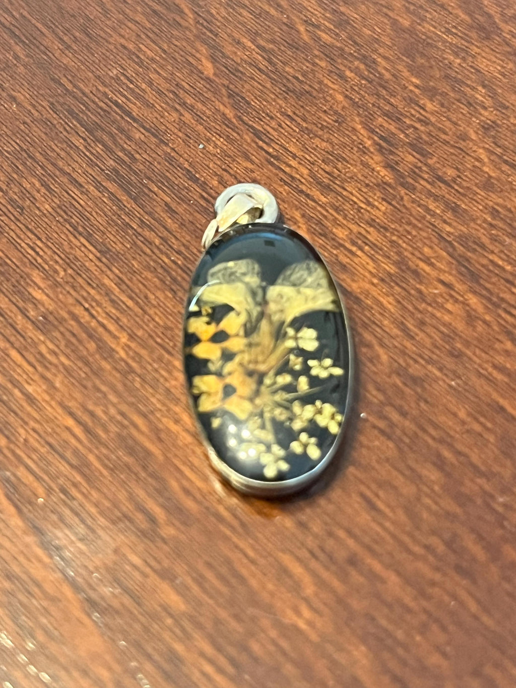 Real Dried Flower Resin Pendant Necklace Charm, Botanical Floral Jewellery, Oval Black Background Pendant