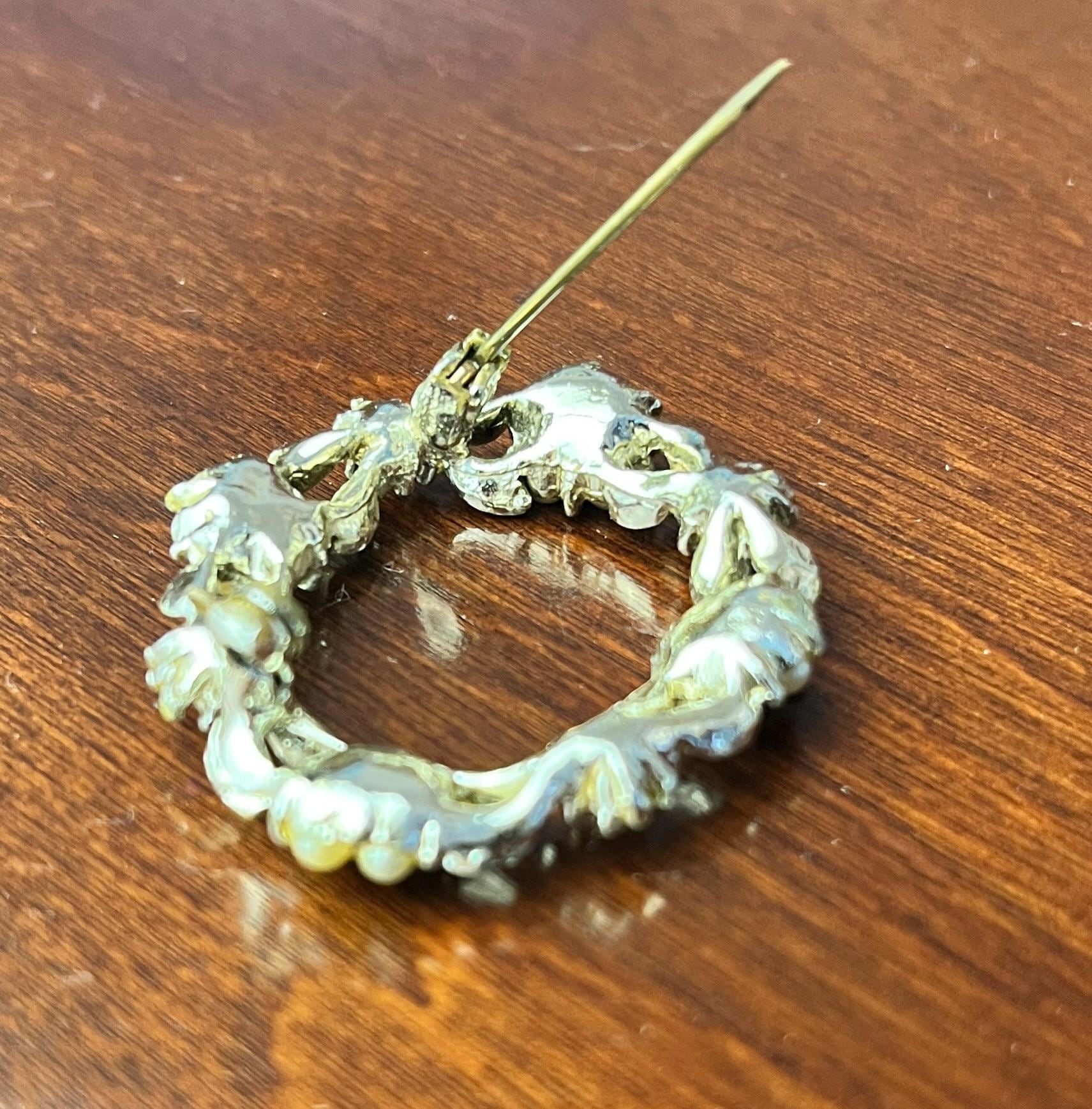 Vintage Aurora Borealis Rhinestone Floral Wreath & Faux Pearl Brooch Pin Blue Enamel Gold Tone