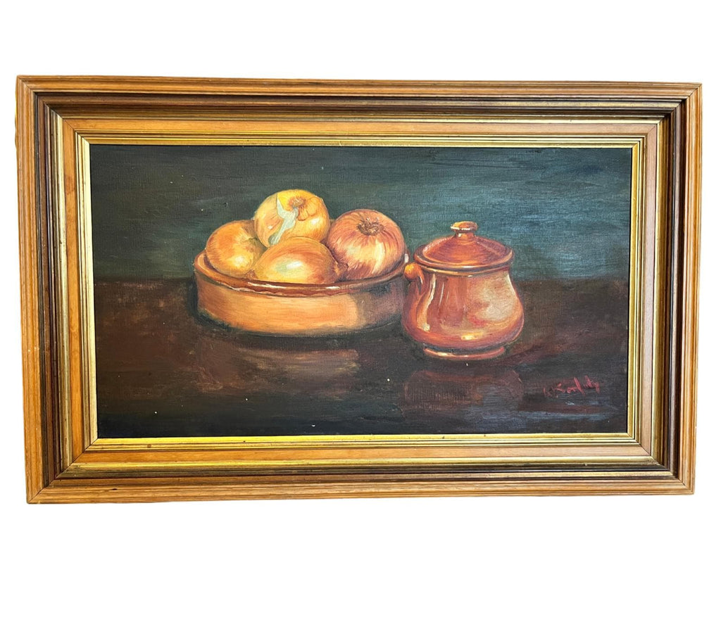 Vintage Oil Painting Still Life Onions Copper Pot Signed W Serfaty Framed 58cm