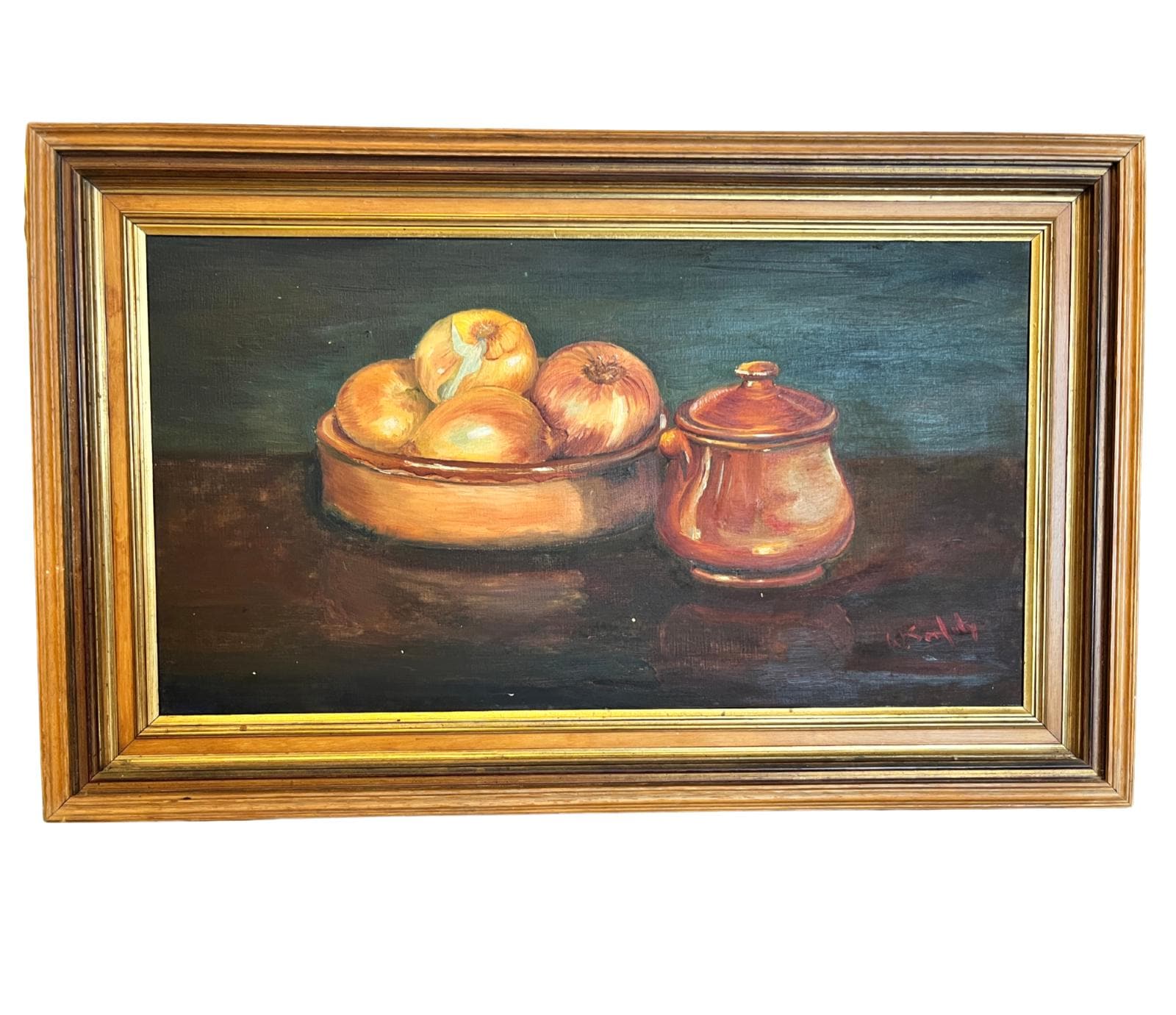 Vintage Oil Painting Still Life Onions Copper Pot Signed W Serfaty Framed 58cm