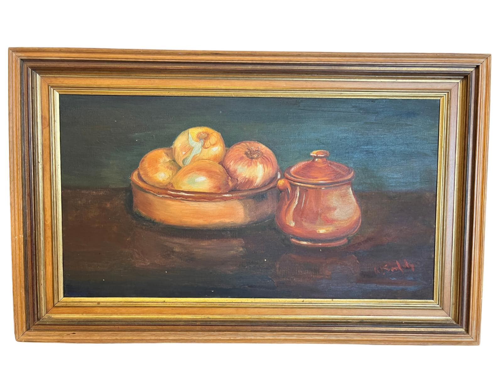 Vintage Oil Painting Still Life Onions Copper Pot Signed W Serfaty Framed 58cm