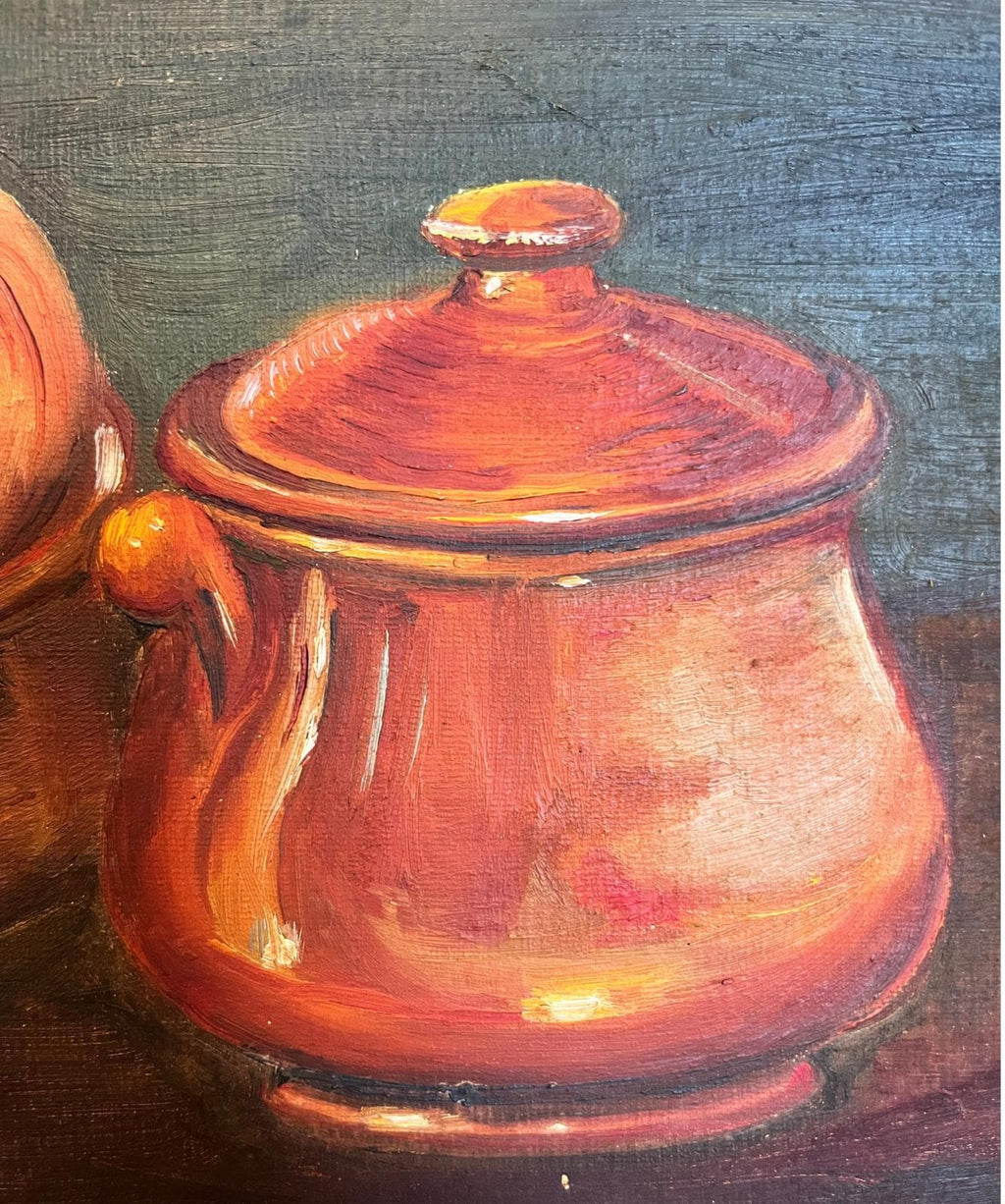 Vintage Oil Painting Still Life Onions Copper Pot Signed W Serfaty Framed 58cm