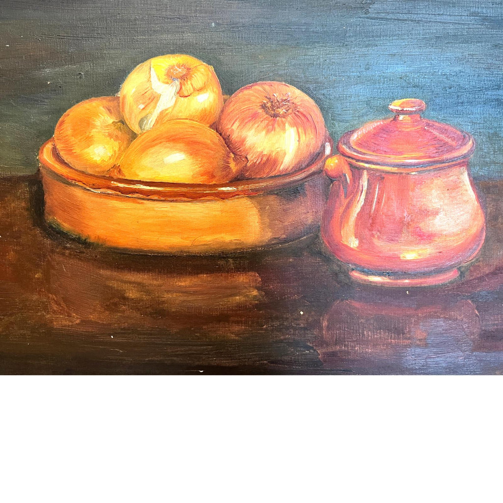 Vintage Oil Painting Still Life Onions Copper Pot Signed W Serfaty Framed 58cm