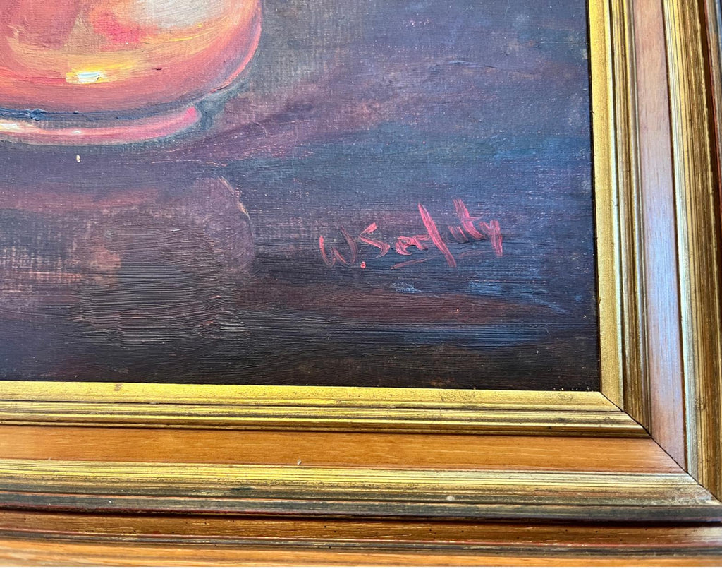 Vintage Oil Painting Still Life Onions Copper Pot Signed W Serfaty Framed 58cm