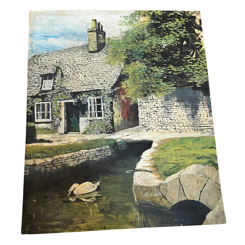 Large Vintage Oil Painting Country Cottage & Swan Landscape on Board Rural Scene