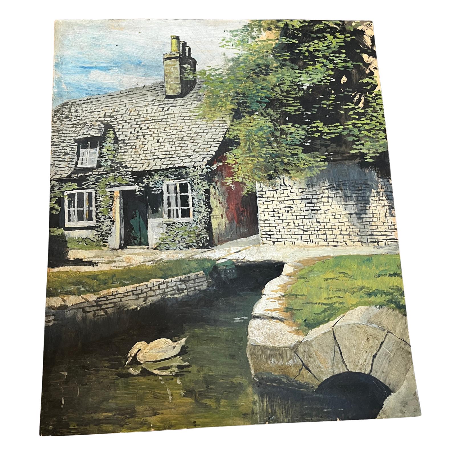 Large Vintage Oil Painting Country Cottage & Swan Landscape on Board Rural Scene