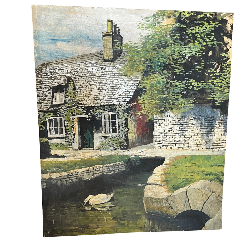 Large Vintage Oil Painting Country Cottage & Swan Landscape on Board Rural Scene