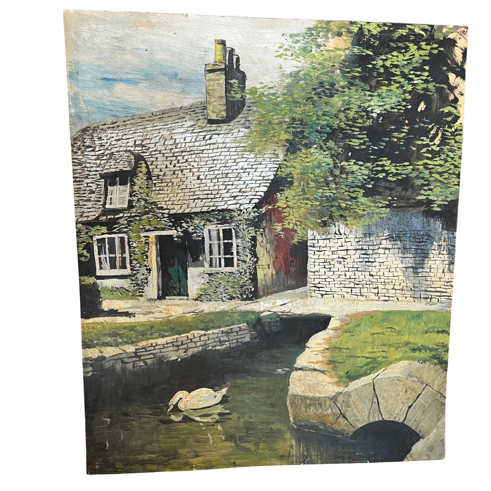 Large Vintage Oil Painting Country Cottage & Swan Landscape on Board Rural Scene
