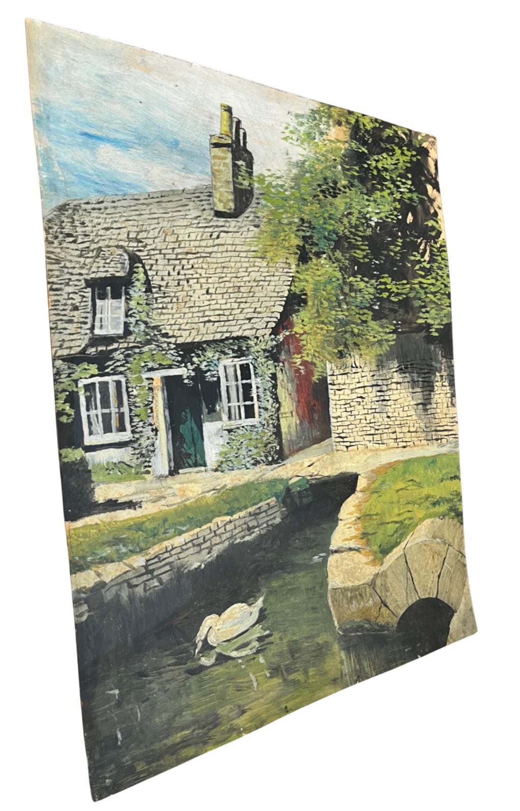 Large Vintage Oil Painting Country Cottage & Swan Landscape on Board Rural Scene