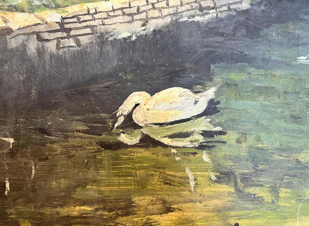 Large Vintage Oil Painting Country Cottage & Swan Landscape on Board Rural Scene
