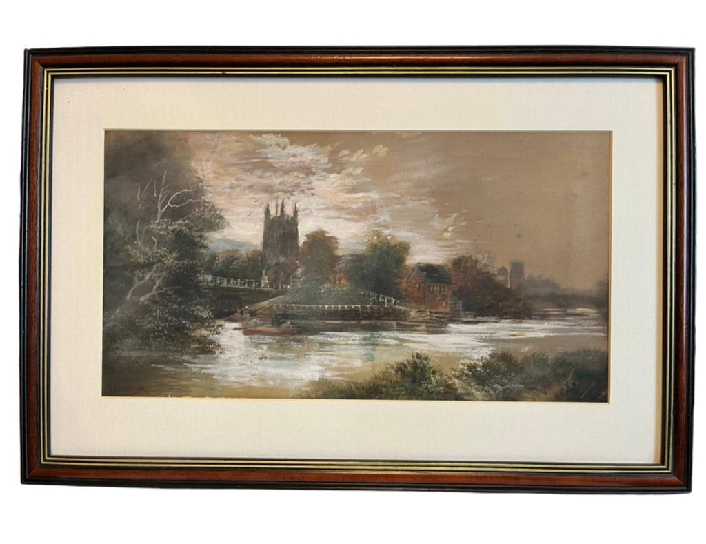 Signed Davidson Framed River Landscape Painting Church Waterside Scene Vintage