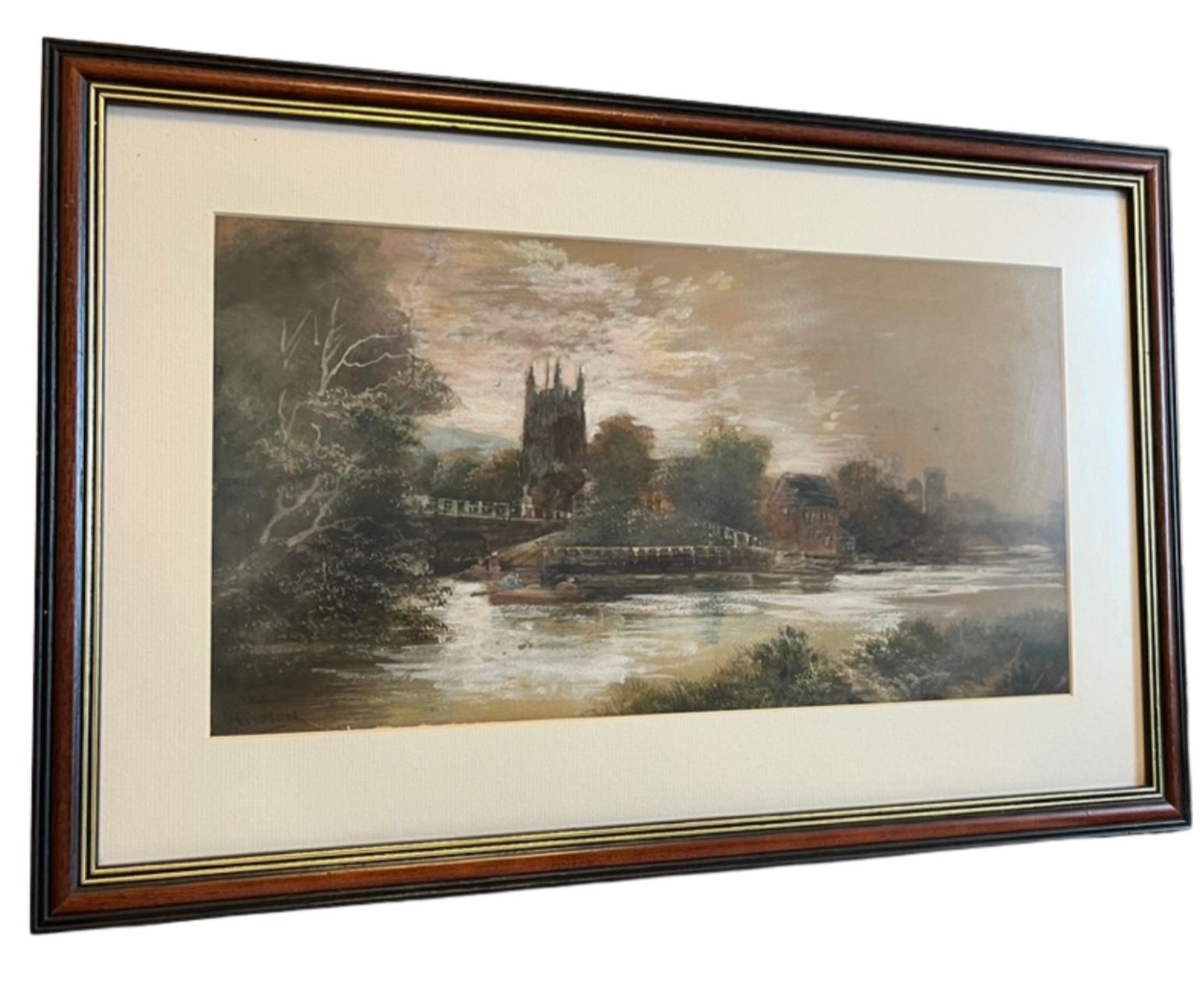 Signed Davidson Framed River Landscape Painting Church Waterside Scene Vintage