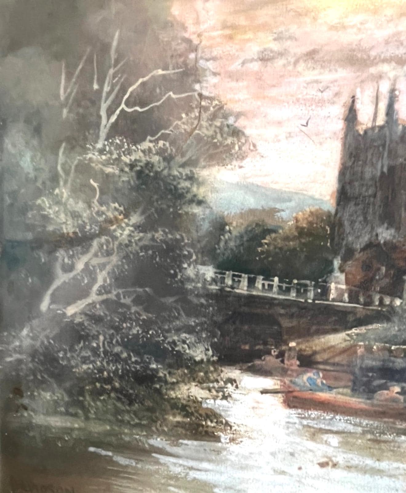 Signed Davidson Framed River Landscape Painting Church Waterside Scene Vintage