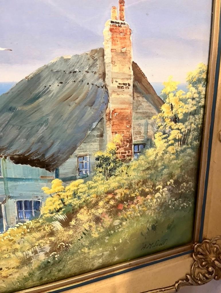 A M Scott Devonshire Coastal Oil Painting Framed Seascape Cottage Landscape 85cm