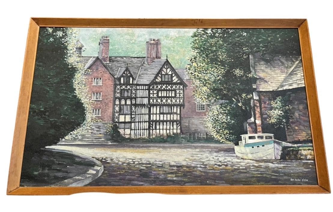 Ian Locke Original Oil Painting Tudor House Riverside Scene Signed Dated 1964