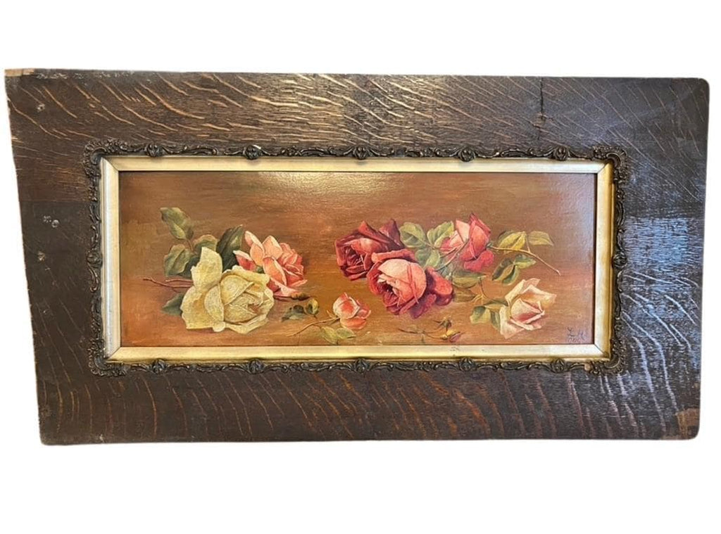 Antique 1909 Oil Painting Roses Floral Still Life Signed LH Framed Original Art