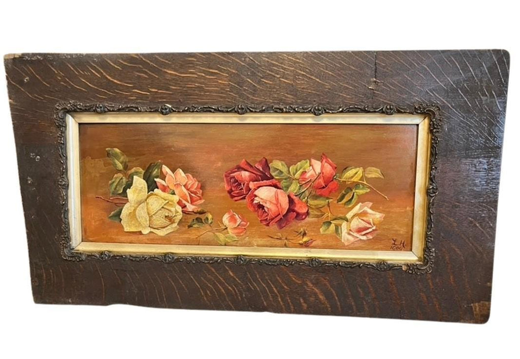 Antique 1909 Oil Painting Roses Floral Still Life Signed LH Framed Original Art