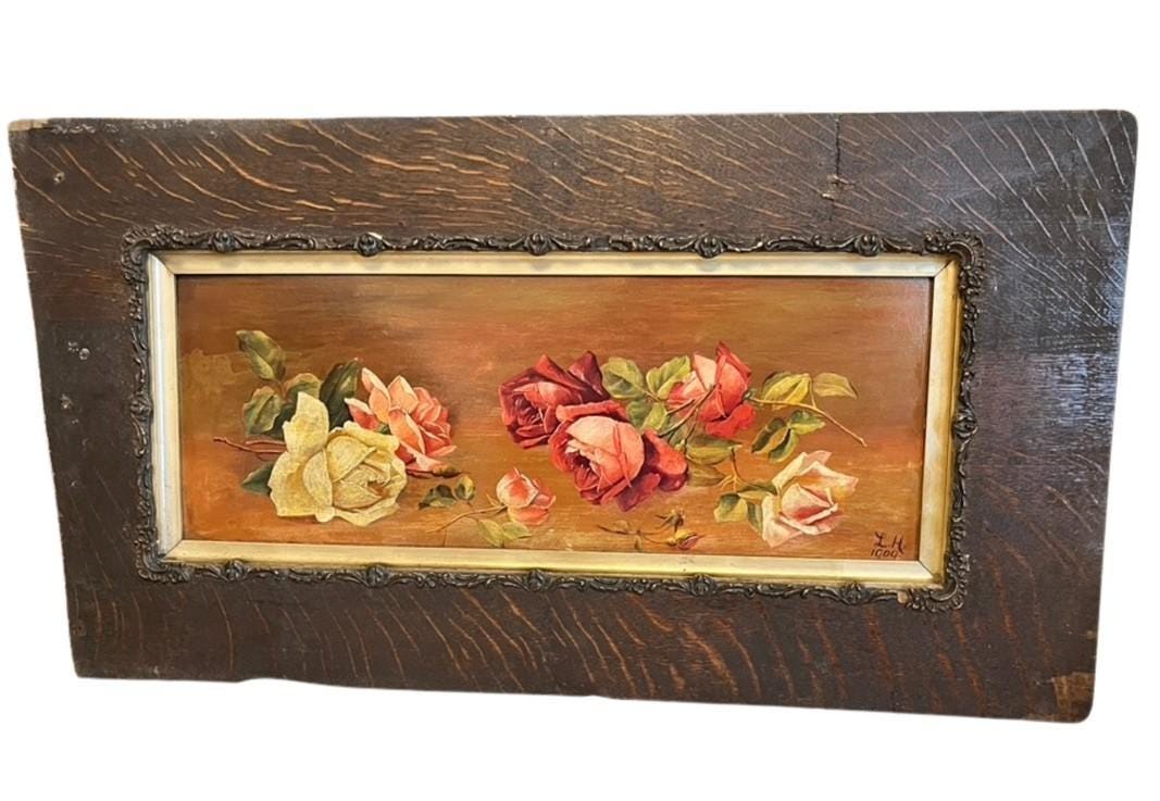 Antique 1909 Oil Painting Roses Floral Still Life Signed LH Framed Original Art