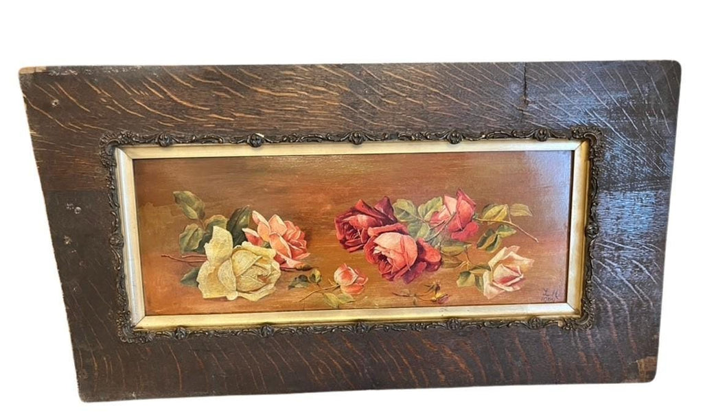 Antique 1909 Oil Painting Roses Floral Still Life Signed LH Framed Original Art