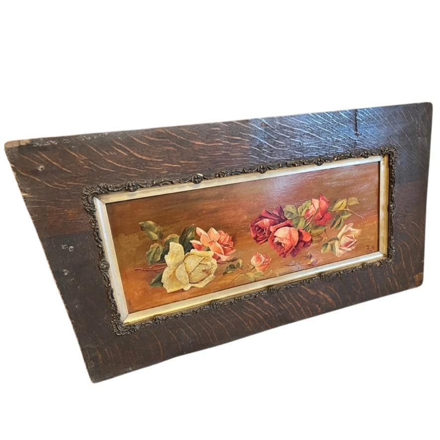Antique 1909 Oil Painting Roses Floral Still Life Signed LH Framed Original Art