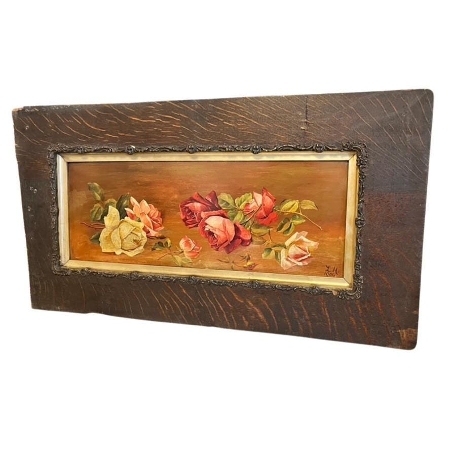 Antique 1909 Oil Painting Roses Floral Still Life Signed LH Framed Original Art