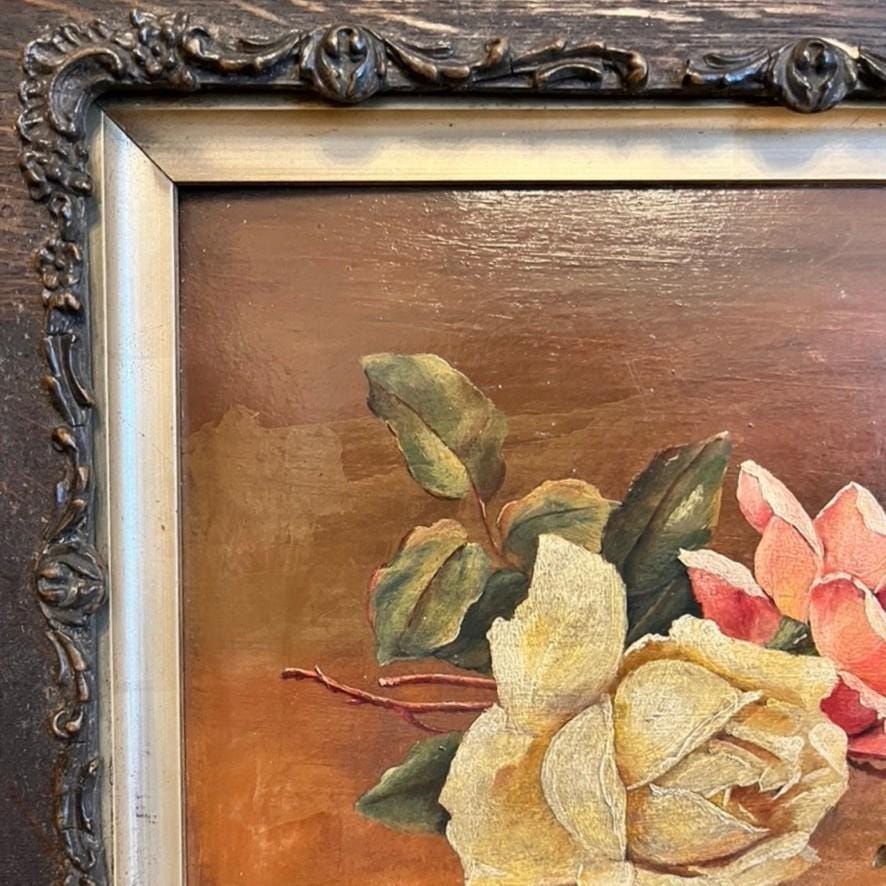 Antique 1909 Oil Painting Roses Floral Still Life Signed LH Framed Original Art
