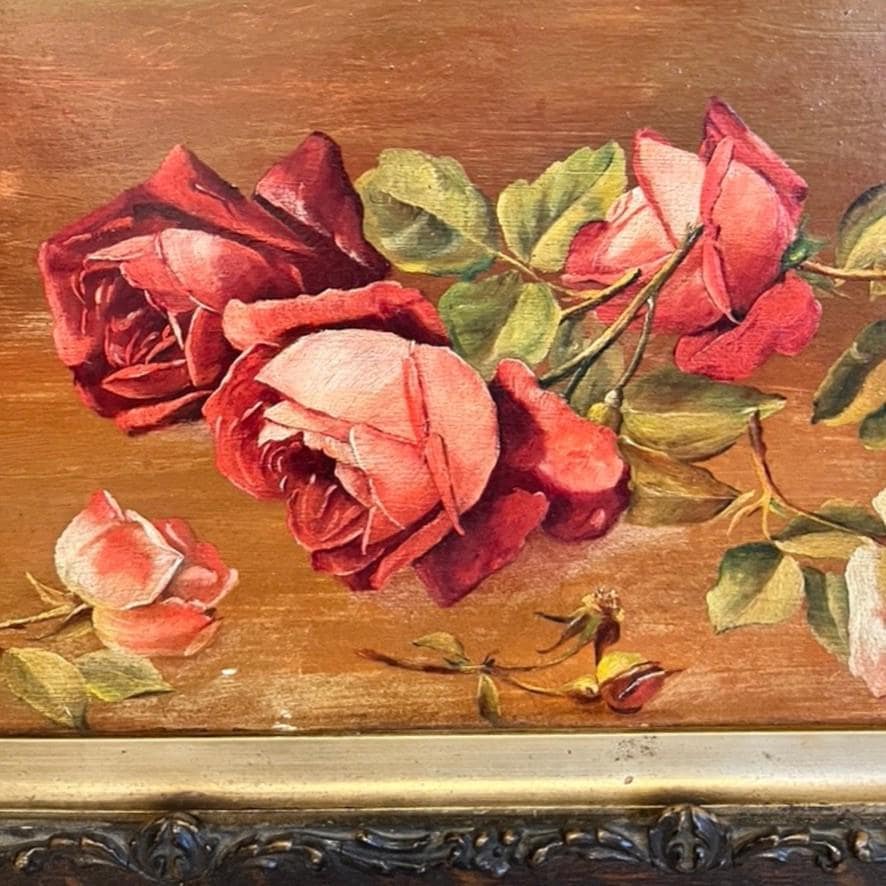 Antique 1909 Oil Painting Roses Floral Still Life Signed LH Framed Original Art