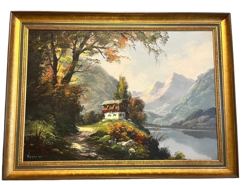 Vernon Signed Oil Painting Alpine Mountain Lake Landscape Chalet Framed Vintage