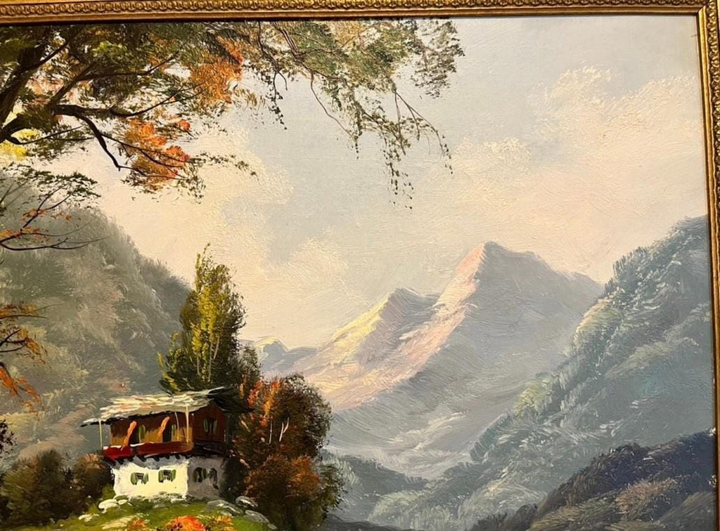 Vernon Signed Oil Painting Alpine Mountain Lake Landscape Chalet Framed Vintage