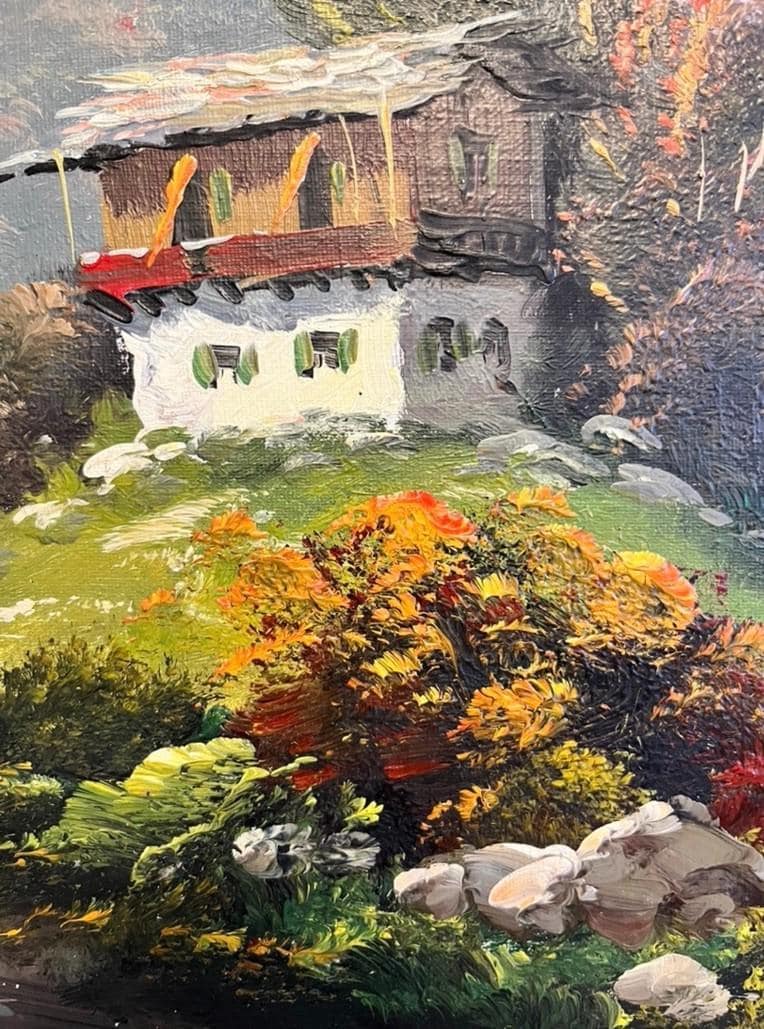 Vernon Signed Oil Painting Alpine Mountain Lake Landscape Chalet Framed Vintage