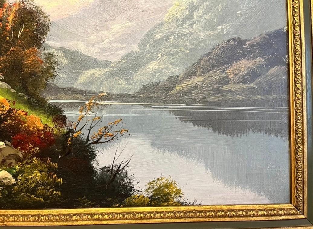 Vernon Signed Oil Painting Alpine Mountain Lake Landscape Chalet Framed Vintage