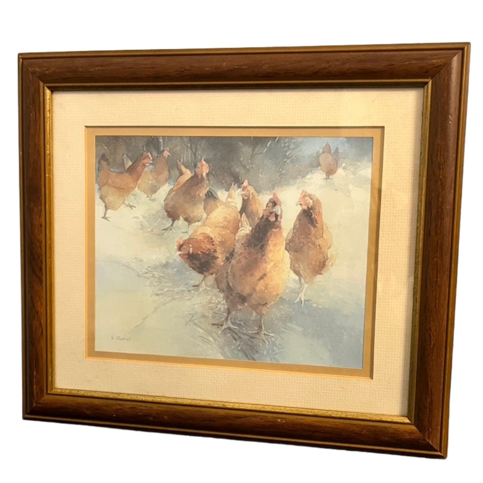 Vintage Adelene Fletcher Hen Party Framed Print Chicken Farmhouse Wall Art 30x34