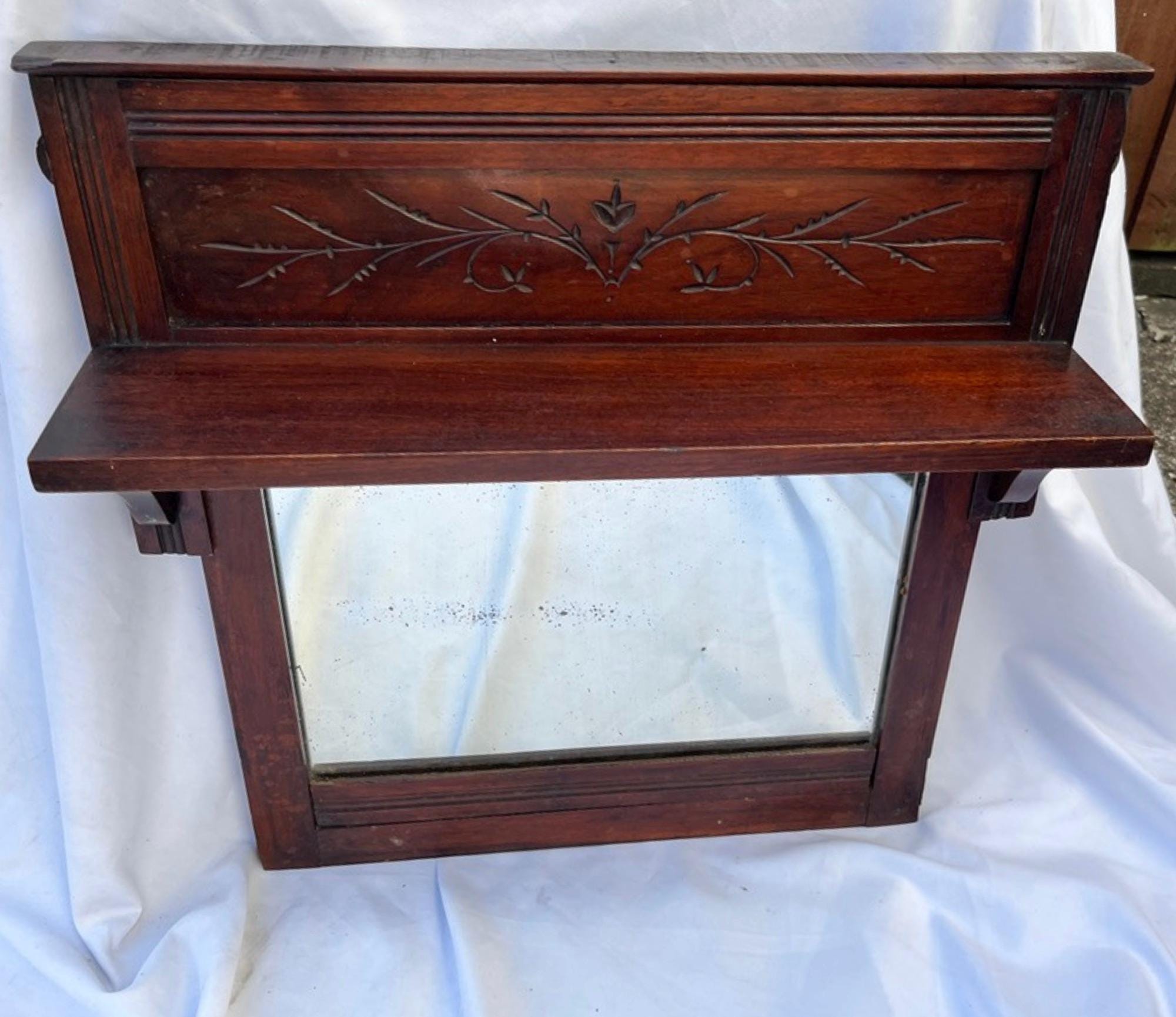 Antique Mahogany Wall Mirror With Shelf Decorative Hall Mirror Carved Wood Frame