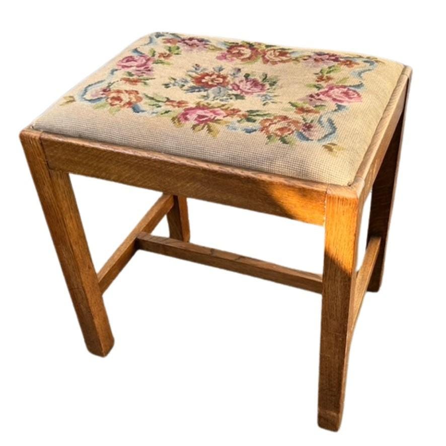 Vintage Oak Foot Stool Floral Needlepoint Upholstered Stool W S Andrews Bingley