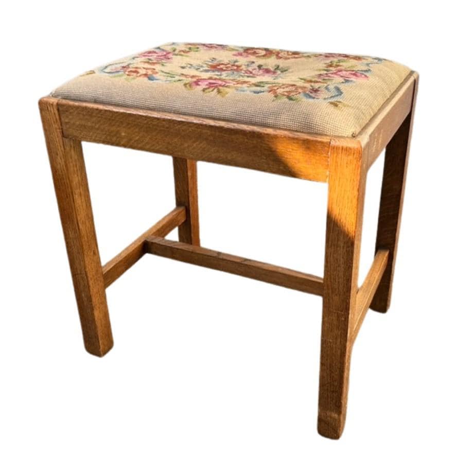 Vintage Oak Foot Stool Floral Needlepoint Upholstered Stool W S Andrews Bingley