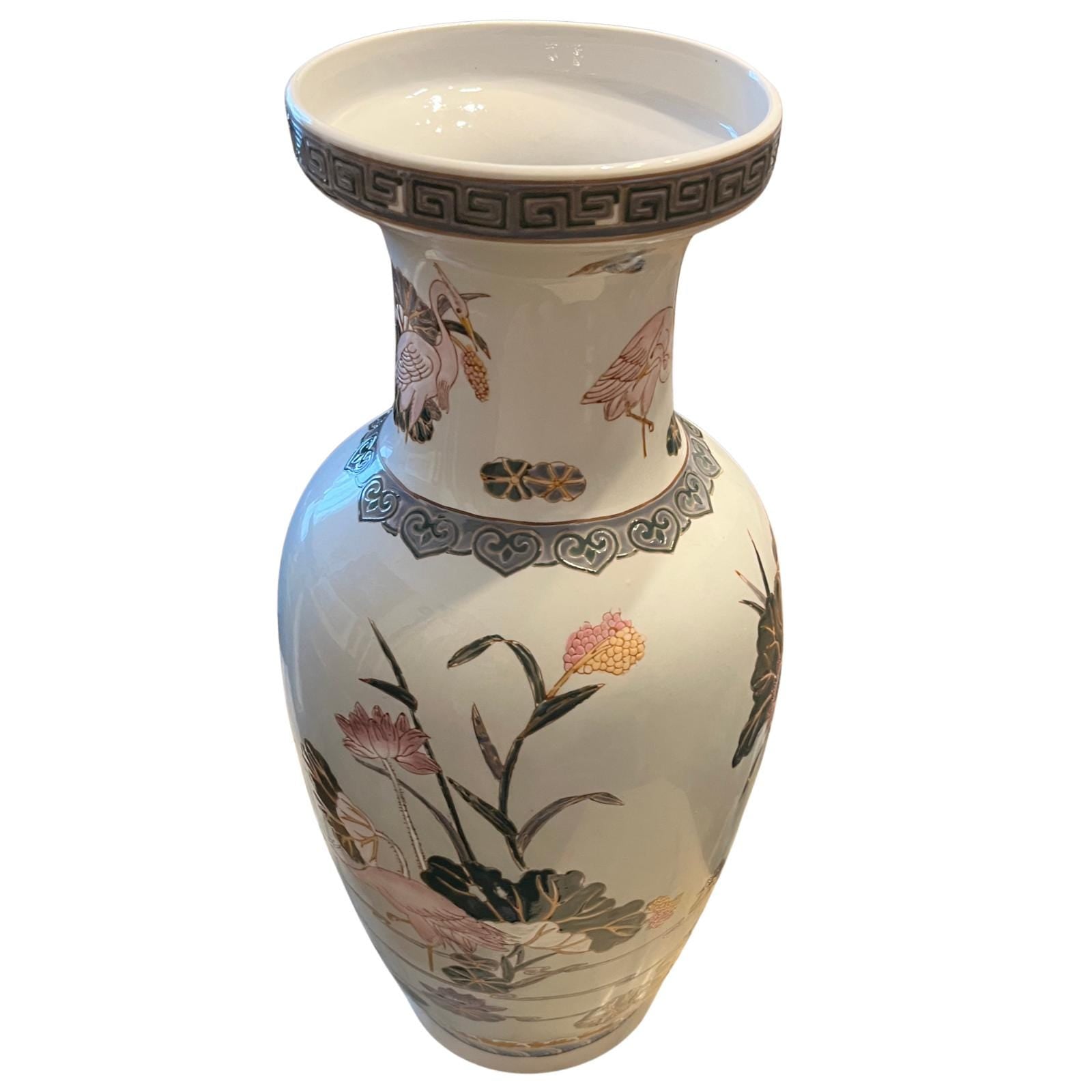 Large Oriental Style Ceramic Floor Vase 47cm Heron Crane Lotus Relief Decoration