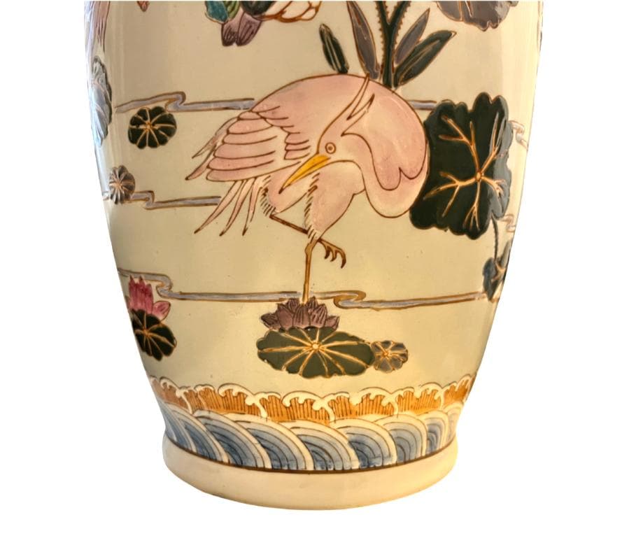Large Oriental Style Ceramic Floor Vase 47cm Heron Crane Lotus Relief Decoration